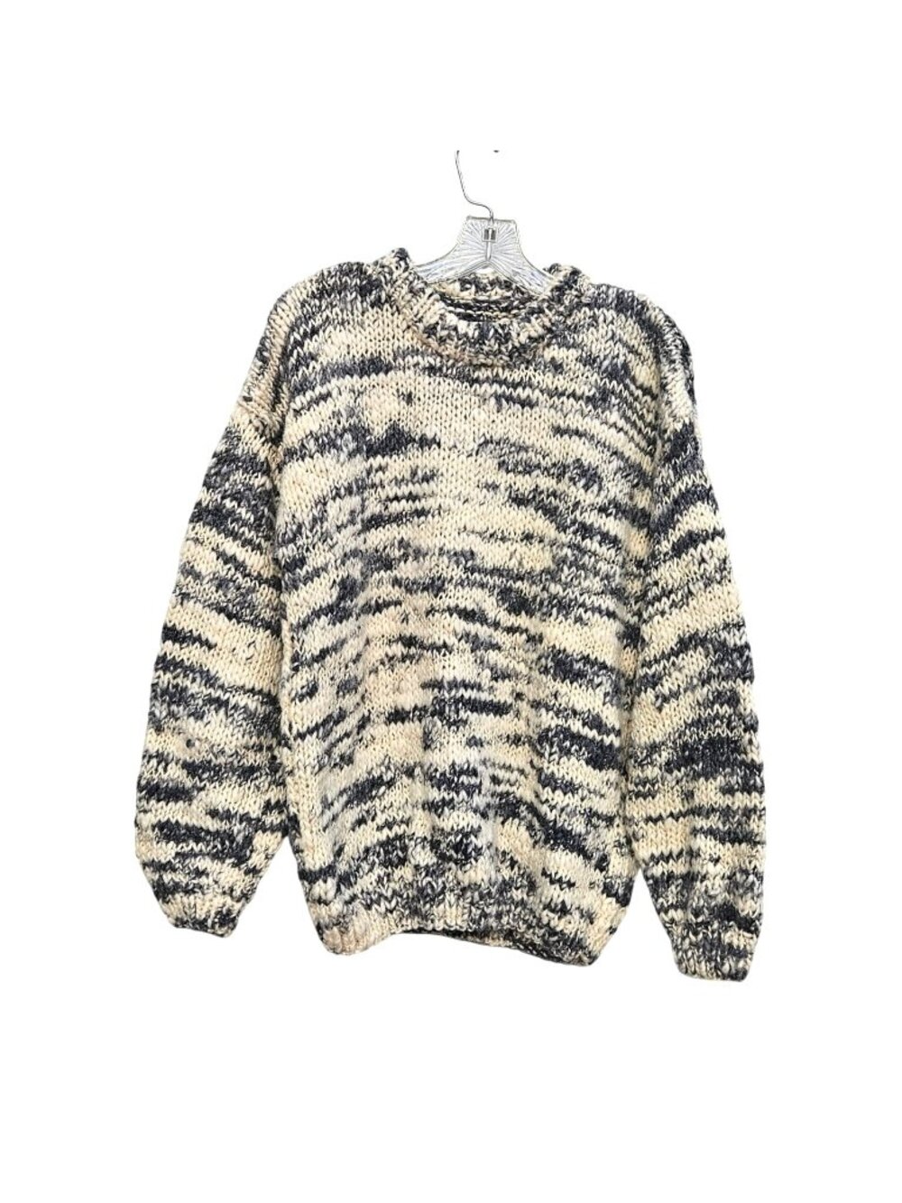 Vintage 80s Handmade Hand Knit Wool Chunky Sweater Gray Ivory Men XL